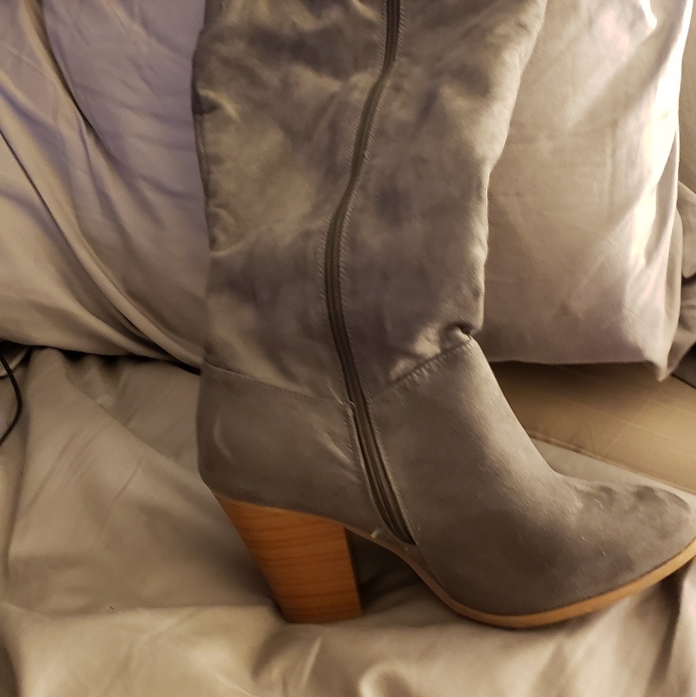 Grey suede above the knee boots